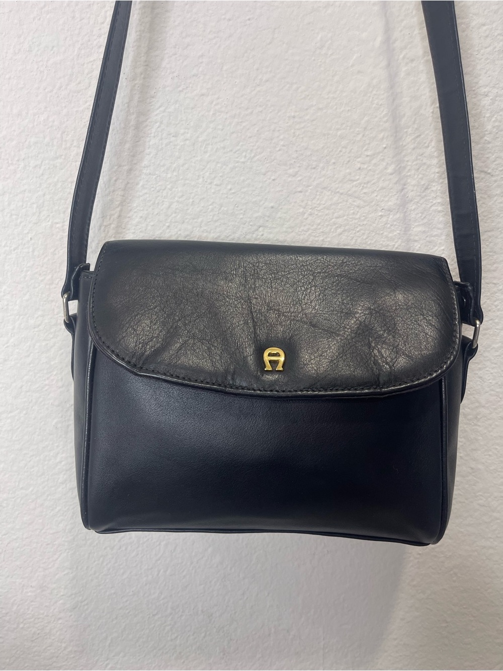 Vintage Etienne Aigner Black Leather Crossbody Bag with Gold Accent